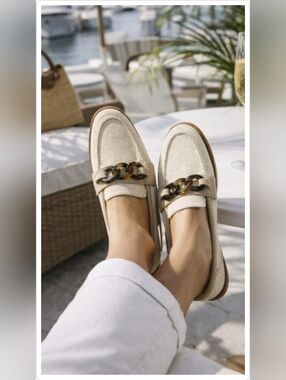 J. McLaughlin Woven Tortoise Chain Loafers 7 | Cream Resort Palm Beach Chic
